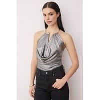 WOVCOR Women's Metallic V-Neck Knit Halterneck Party Blouse with Accessory Detail in Metallic Silver | Size: 12