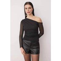 WOVCOR Women's Asymmetric One Shoulder Sparkle Stone Mesh Knit Party Blouse in Black | Size: 10