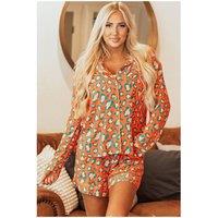 Everyday The Label Women's Orange Leopard Print Long Sleeve Shirt & Shorts Pajama Set | Size: XL
