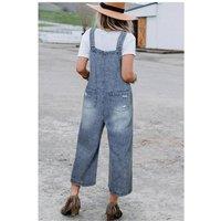 Everyday The Label Women's Stone Blue Distressed Bib Pocket Wide Leg Denim Overall in Mid Blue | Size: Large