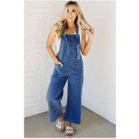 Everyday The Label Women's Prussian Blue Mineral Wash Knotted Strap Patched Pocket Wide Leg Denim in Dark Blue | Size: Large