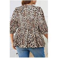 Everyday The Label Women's Khaki Leopard Print Lace-up Ruffled 3/4 Sleeve Plus Size Blouse | Size: 4XL