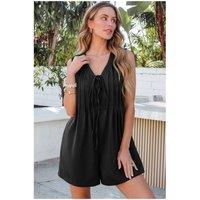 Everyday The Label Women's Black white Tie V Neck Pintuck Sleeveless Loose Romper in True Black | Size: Small