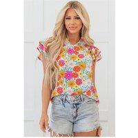 Everyday The Label Women's Yellow Floral Print Shirred Tiered Ruffled Sleeve Blouse | Size: Small