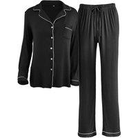 MODISHION Women's Long Sleeve Button Down Pajama Set in Black | Size: Medium