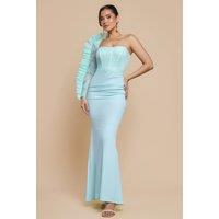 Goddiva Women's One Shoulder Organza Fan Detail Lace Bodice Maxi Dress in Mint | Size: 18