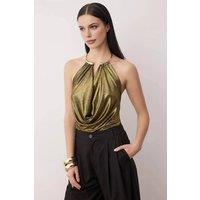 WOVCOR Women's Metallic V-Neck Knit Halterneck Party Blouse with Accessory Detail in Metallic Gold | Size: 10