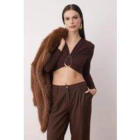 WOVCOR Women's V-Neck Buckle Detail Long Sleeve Knit Party Blouse in Brown | Size: 12