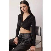 WOVCOR Women's V-Neck Buckle Detail Long Sleeve Knit Party Blouse in Black | Size: 12