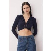 WOVCOR Women's V-Neck Buckle Detail Long Sleeve Knit Party Blouse in Navy | Size: 12