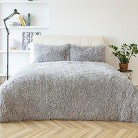 OHS Teddy Duvet Cover Set Bedding Soft Fleece Faux Fur Shaggy in Silver | Size: King