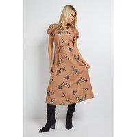 Dorothy Perkins Women's Stone Floral Tie Back Detail Puff Sleeve Midi Dress | Size: 12
