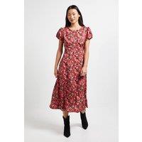 Dorothy Perkins Women's Petite Red Floral Tie Back Detail Puff Sleeve Midi Dress | Size: 12