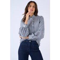 Damart Women's Cotton Gingham Seersucker Cotton Blouse in Navy | Size: 26