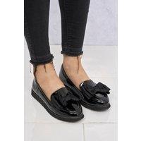 Miss Diva Women's Ada Bow Detail Cleated Flatform Sole Loafers in Black | Size: 5