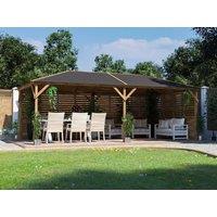 Dunster House Wooden Gazebo Kit with Louvre Wall & Shingles 6m x 3m - Utopia in Brown
