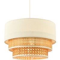 Happy Homewares Contemporary Triple Tier Cream Linen & Natural Rattan Pendant Shade in Brown