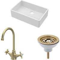 Balterley Fireclay 1 Bowl Butler Sink Waste Crosshead Tap Brushed Brass 795mm in White