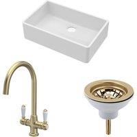 Balterley Fireclay 1 Bowl Butler Sink Waste Handle Tap Brushed Brass 795mm in White