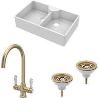 Balterley Fireclay 2 Bowl Butler Sink 2 x Wastes Tap Brushed Brass 895mm in White