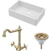 Balterley Fireclay 1 Bowl Butler Sink Waste Classic Tap Brushed Brass 795mm in White