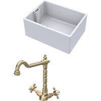 Balterley Fireclay 1 Bowl Belfast Sink Tap Brushed Brass 615mm in White