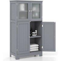 Costway Bathroom Floor Cabinet Freestanding Storage Cupboard W/ 2 Tempered Glass Doors in Grey