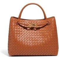 PEACH ACCESSORIES Women's Woven Tote Bag with Gold Tone Knot Clasp in Tan