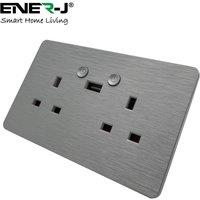 ENER-J Smart Wi-Fi 13A Wi-Fi Twin Wall Sockets with 1 USB Ports (Black Brushed Finish) in White