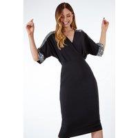 Roman Women's Sequin Sleeve Wrap Midi Dress in Black | Size: 10