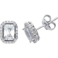 Jewelco London Women's Silver Emerald Cut CZ Halo Stud Earrings