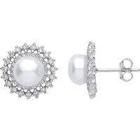Jewelco London Women's Silver CZ Pearl Full Moon Star Burst Stud Earrings 7mm