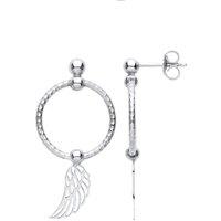 Jewelco London Women's Silver Angel Dove Wing Bead Barked Hoop Drop Earrings