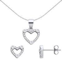 Jewelco London Women's Sterling Silver CZ Love Heart Halo Trilogy Earrings Necklace Set in White