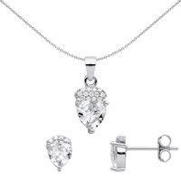 Jewelco London Women's 925 Silver Heart CZ Love Heart Pave Cushion Earrings Necklace Set