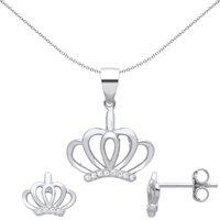 Jewelco London Women's Silver CZ Royal Majestic King Queen Crown Earrings Necklace Set