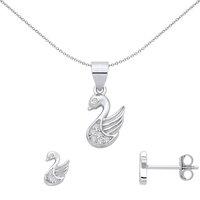 Jewelco London Women's Silver CZ Elegant Cartoon Swan Earrings & Pendant Set