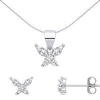 Jewelco London Women's Sterling Silver CZ Butterfly Earrings & Pendant Set