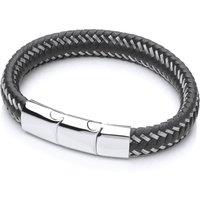 Jewelco London Men's Mens Steel Black Leather Platted Strap Bracelet 12mm 8.25-9 inch in White