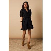 Oasis Women's Petite Broderie Frill Detail Button Down Mini Dress in Black | Size: 12