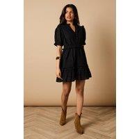 Oasis Women's Petite Broderie Frill Detail Button Down Mini Dress in Black | Size: 14
