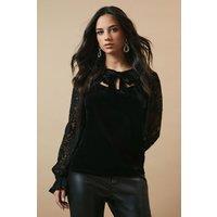 Oasis Women's Lace Sleeve Velvet Tie Neck Blouse in True Black | Size: 6