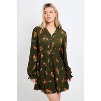 Dorothy Perkins Women's Petite Floral Button Detail Blouson Sleeve Jersey Mini Dress | Size: 8