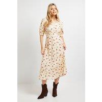 Dorothy Perkins Women's Yellow Ditsy Collared Button Detail Puff Sleeve Midi Dress | Size: 10