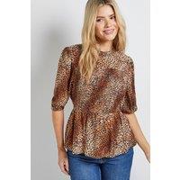 Dorothy Perkins Women's Leopard High Neck Shirred Bodice Top | Size: 16