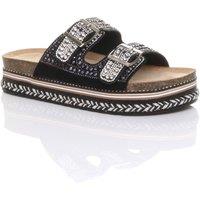 AJVANI Women's Low Heel Mule Platform Chunky Sole Diamante Buckle Footbed Sandals in Black | Size: 7