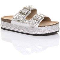 AJVANI Women's Low Heel Mule Platform Chunky Sole Diamante Buckle Footbed Sandals in White | Size: 6