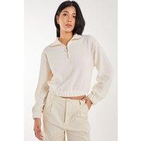 Pink Vanilla Women's High Neck Zip Up Cropped Sweateshirts in Stone | Size: Large