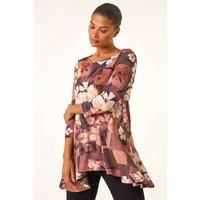 Roman Women's Floral Print Hanky Hem Stretch Top in Brown | Size: 16