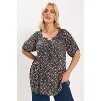 Yours Women's Textured Ditsy Floral Print Top in Black | Size: 18
